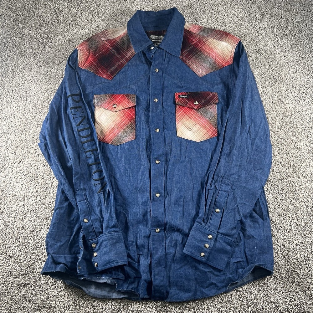 Pendleton Wrangler Western Shirt Mens XL Blue Pearl Snap‎ Wool Blend Patch Work